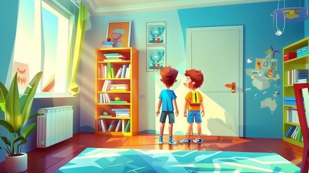 Foto un interior de un dormitorio de niños con un personaje de dibujos animados en un fondo moderno esta ilustración muestra una sala de juegos de niños con juguetes y un estante con pegatinas un interior de una guardería