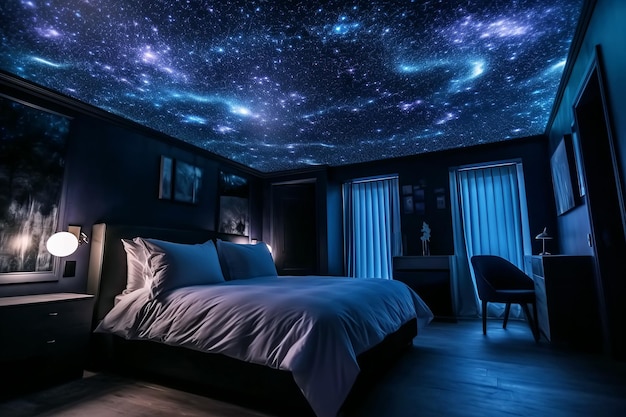 Foto interior del dormitorio por la noche con espacio y estrellas sueños y fantasías sobre viajar a universos y galaxias ia generativa