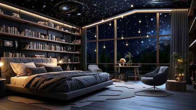 Foto interior de un dormitorio por la noche con espacio y estrellas visibles