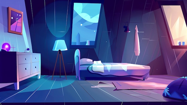 Interior del dormitorio nocturno con cama y sofá de dibujos animados