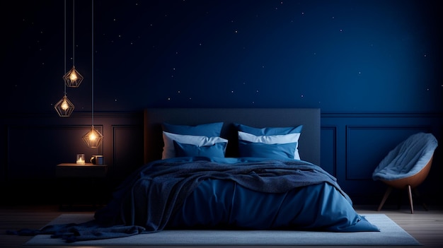 interior de un dormitorio oscuro con paredes azules y grises