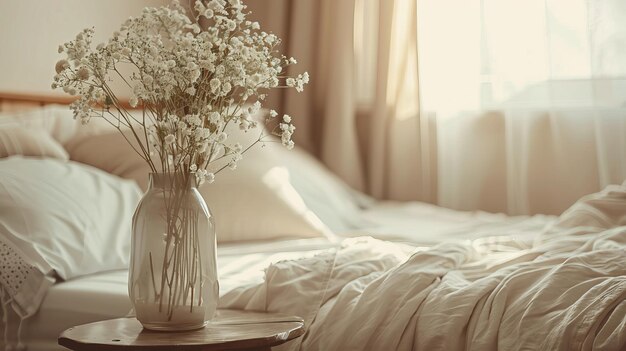 Interior del dormitorio con un ramo de flores de gipsófila