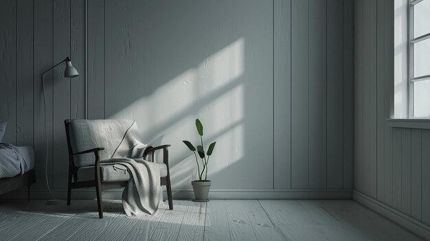 Interior de dormitorio vacío gris de loft escandinavo con sillón