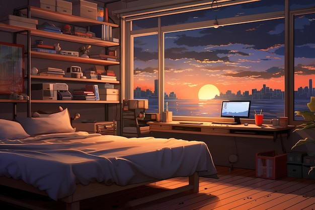 Interior del dormitorio con vista a las montañas desde la ventana Estilo de dibujos animados
