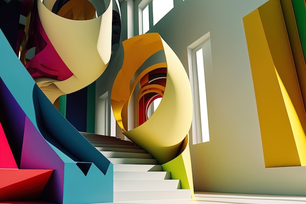 Interior de un edificio abstracto con esculturas de colores suaves y