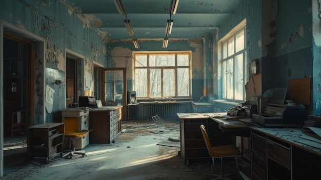 En el interior del edificio administrativo de Chernobyl, oficinas abandonadas, restos del pasado, iluminación misteriosa, líneas detalladas, IA generativa.