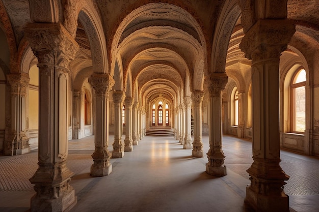 El interior de un edificio con columnas y la palabra rajput