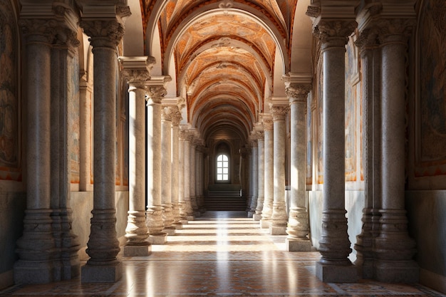 El interior de un edificio con columnas y el sol brillando sobre él