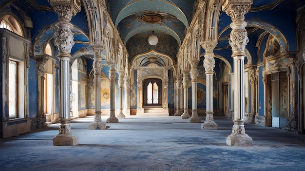 Foto el interior de un edificio con columnas y techo azul con un letrero que dice 