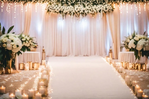 el interior de un edificio está decorado con luces y flores