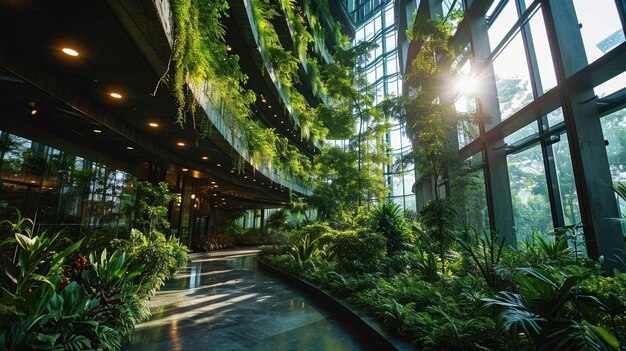 Interior de un edificio moderno con plantas verdes y luz solar en el fondo