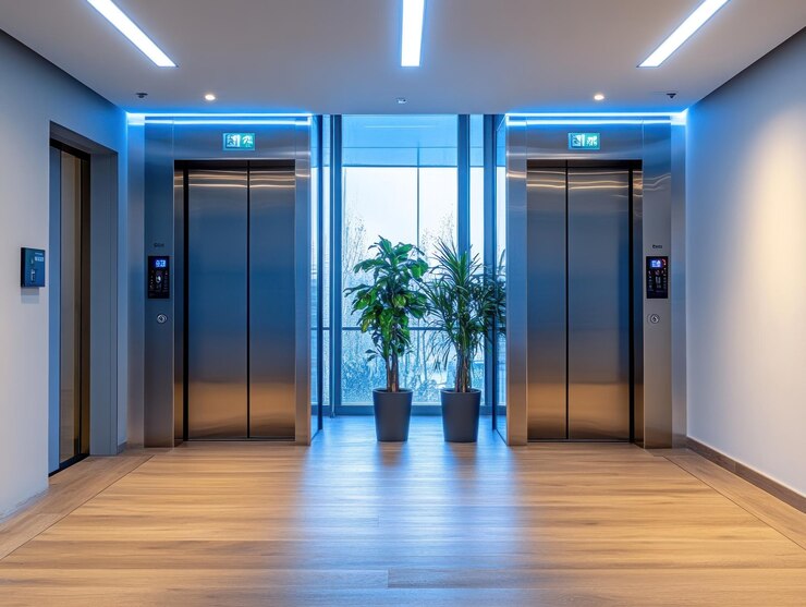 Interior de un edificio de oficinas moderno con ascensores y plantas