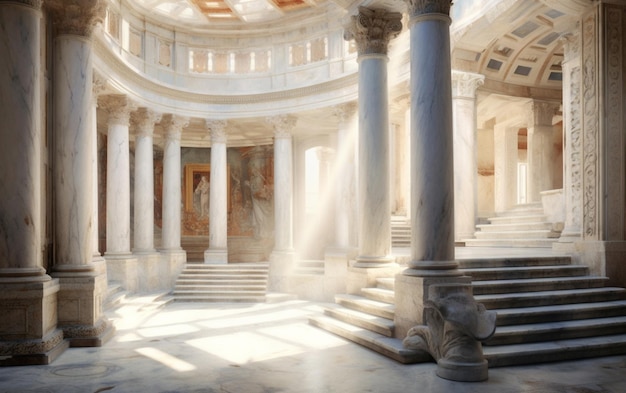 El interior de un edificio romano con columnas y un haz de luz solar.