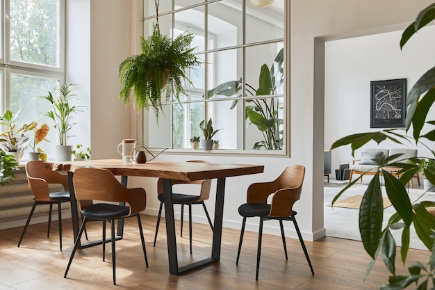 Interior elegante y acogedor de comedor con mesa de madera artesanal de diseño, sillas, plantas, sofá de terciopelo, mapa de póster y accesorios elegantes en la decoración del hogar moderno. Plantilla.