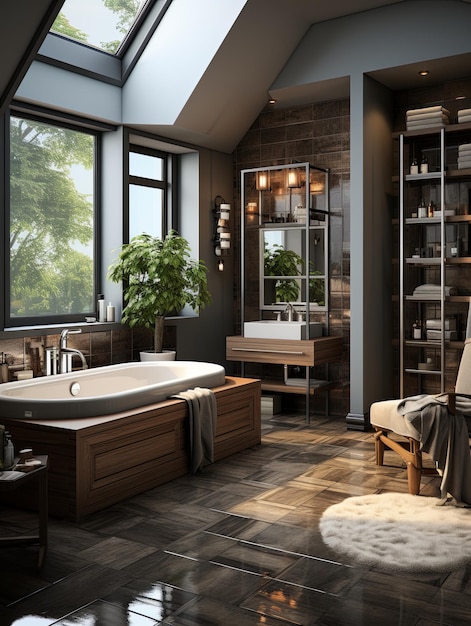 Interior elegante del baño con bañera moderna y hermosas plantas de interior acogedor lujoso diseño interior del baño con baño blanco parquet de madera clásico diseño de casa IA generativa