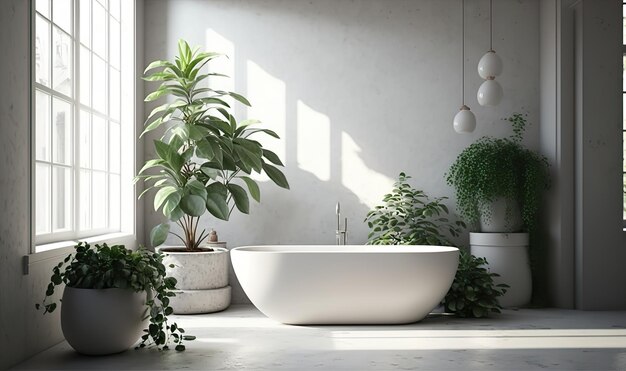 Interior elegante del baño con plantas de interior verdes