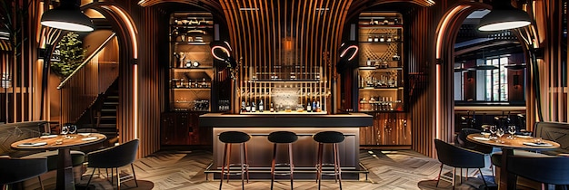 Foto interior elegante del bar un espacio cómodo moderno con acentos de madera y una atmósfera relajada y acogedora