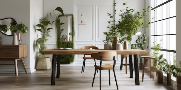 Interior elegante y botánico del comedor con mesa de madera de diseño AI generativo AIG18