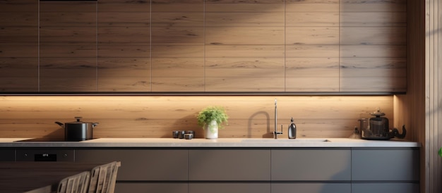 Interior elegante de la cocina con paredes de madera, armarios grises y un cómodo fregadero en la encimera