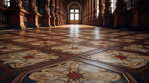 Foto interior elegante com azulejos ornamentados no chão banhados pela calorosa luz solar