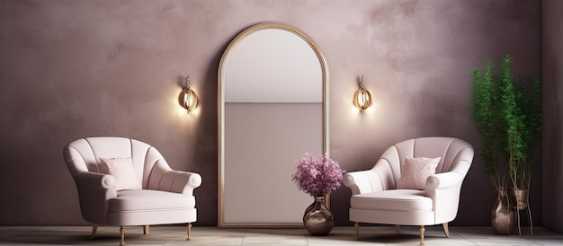 Interior elegante com poltrona aconchegante e espelhos