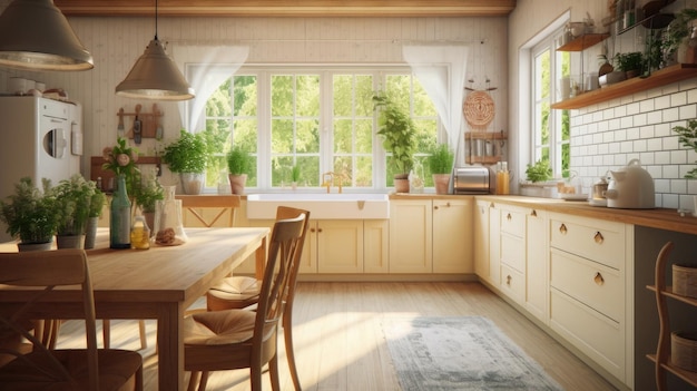 Interior elegante da cozinha com luz matinal na janela Generative AI