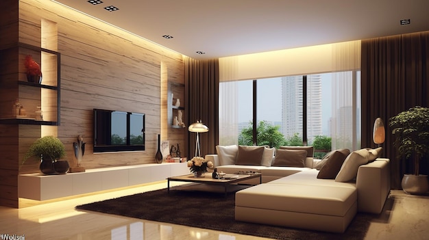 Interior elegante da moderna sala de estar com parede de luz Generative AI