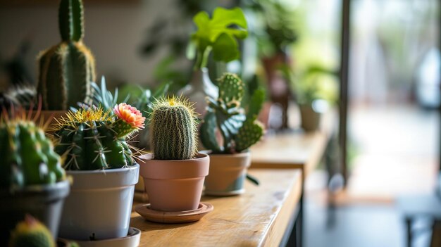 Foto interior elegante da sala com belos cactos em vasos ia gerativa