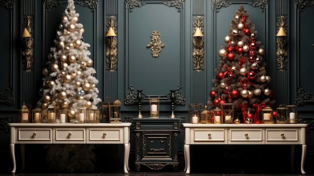 Interior elegante da sala de estar adornado com uma árvore de Natal e pacotes de férias