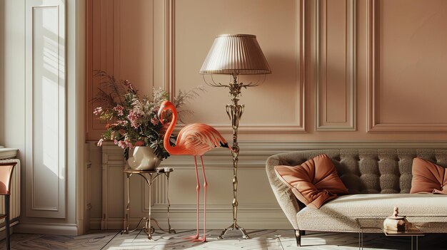 Foto interior elegante da sala de estar com flores de estátua de flamingo rosa em vaso e sofá bege