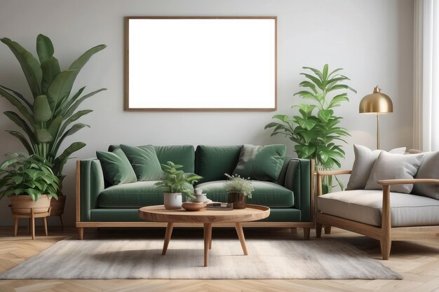 interior elegante da sala de estar com poltrona vintage planta verde em vaso e cartaz em moldura