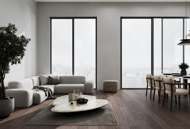 Foto interior elegante da sala de estar com sofá cinza e área de jantar renderização 3d