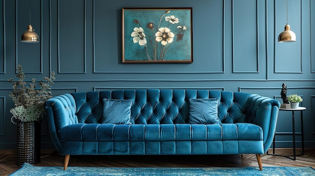 Interior elegante da sala de estar com sofá moderno e confortável e imagens