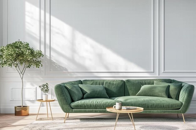 Interior elegante da sala de estar de um apartamento moderno e plantas de móveis à moda e acessórios elegantes