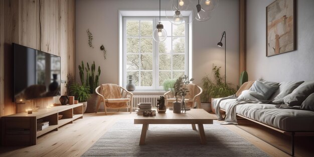 Foto interior elegante da sala de estar em uma casa moderna em estilo scandi