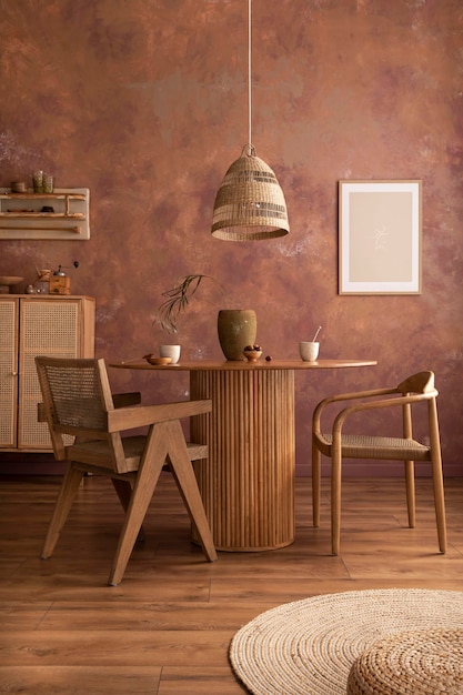 Interior elegante da sala de jantar vintage boho com cartaz simulado Mesa redonda com vaso de poltrona de vime com flores secas e xícara Parede marrom e lâmpada de vime Cartaz de simulação Modelo