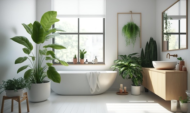 Foto interior elegante de banheiro com espelho e janela de plantas de casa verdes