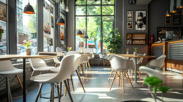 interior elegante de café urbano com decoração minimalista e móveis elegantes que incorporam sofisticação e modernidade