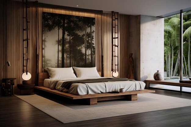 Interior elegante de quarto contemporâneo com cama confortável