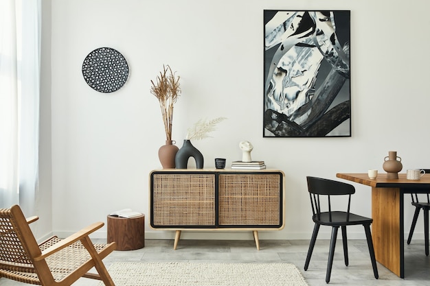 Interior elegante de sala de estar escandinava de apartamento moderno com cômoda de madeira, mesa de design, cadeiras, carpete, pinturas abstratas na parede e acessórios pessoais em uma decoração exclusiva para a casa.