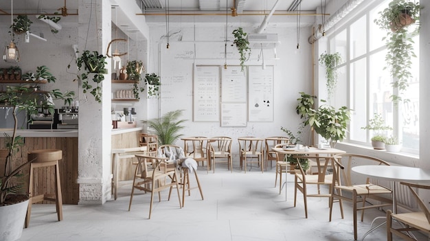 Interior elegante de uma cafeteria escandinava com plantas