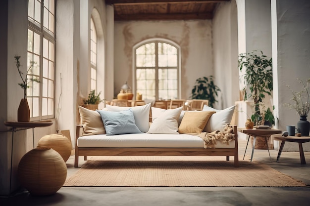 Interior elegante de uma casa de campo uma sala de estar e um sofá feito de materiais naturais design