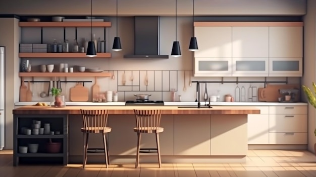 Interior elegante do apartamento com cozinha moderna Idéia para design de casa