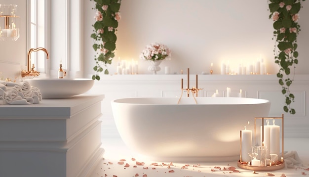 Interior elegante do banheiro branco com atmosfera romântica queimando velas e pétalas de rosa Generative AI