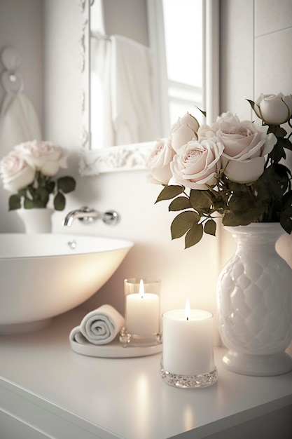 Interior elegante do banheiro branco com atmosfera romântica queimando velas e pétalas de rosa Generative AI