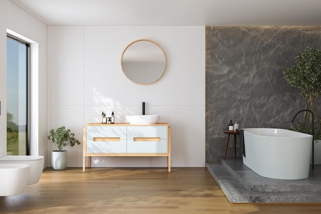Interior elegante do banheiro com paredes brancas e concretas, bacia branca com espelho oval, banheira