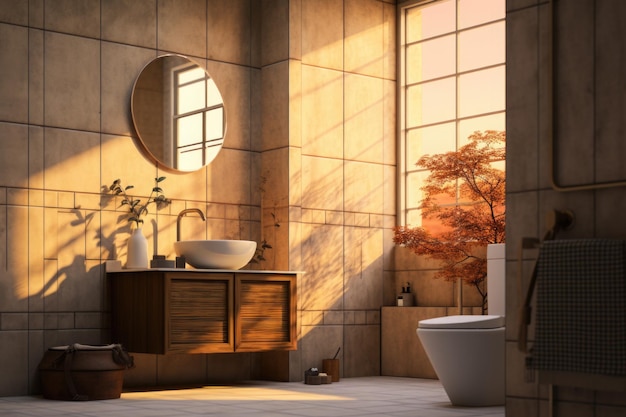 Interior elegante do banheiro com vaso sanitário Banheiro com luz solar matinal na janela