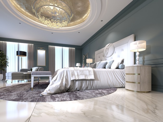 Interior elegante do quarto com cama grande e confortável e sofá com penteadeira. Renderização 3d