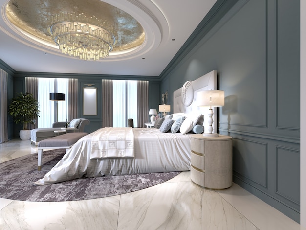 Interior elegante do quarto com cama grande e confortável e sofá com penteadeira. Renderização 3d