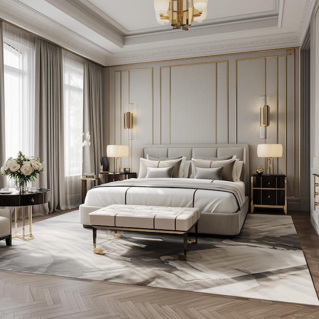 Interior elegante do quarto com grande cama confortável e sofá com penteadeira e planta renderização em 3d